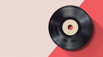 Obraz premium Vintage vinyl record on a dual-tone pink and red background with copy space, showcasing a retro music concept with a minimalist design