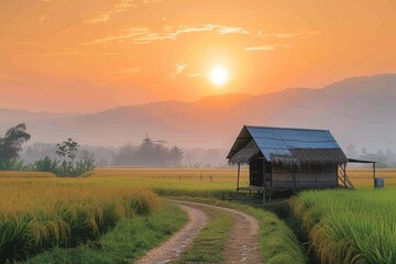 Rural sunrise Farmers hut stands amidst rice fields along a road