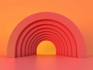 A series of red arches decreasing in size create a tunnel-like structure on an orange background, showcasing a minimalist and modern design