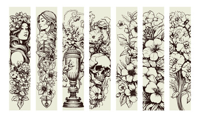 Bookmarks with engraved illustration. Vector sketch.