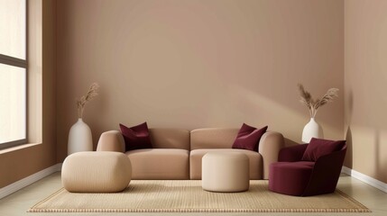 Fototapeta na wymiar Modern living room interior with beige sofa, maroon cushions, small coffee table, armchair, and decorative vases and sunlight from window