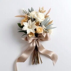small flower wedding bouquet with ribbon on white background