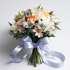 wedding bouquet of white flowers with ribbon , isolated