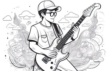 Outline illustration of a teenager playing guitar. coloring book, page
