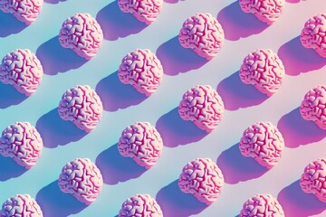 A pattern of pink human brains on a striped blue and pink background, representing concepts of intelligence, psychology, and neuroscience
