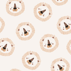 Seamless pattern with cute face of a lion. Hand-drawn illustration in Scandinavian style. Vector