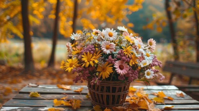 Bouquet of flowers on table in autumn garden. Rest in garden, vacations in nature concept. Autumn time in garden on backyard, blank space