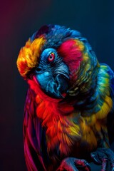 Vibrant portrait of a colorful parrot with striking red eyes, set against a dark background