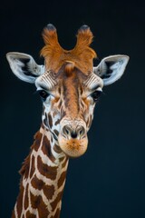 Close-up portrait of a giraffe against a dark background, showcasing its distinctive pattern and gentle eyes