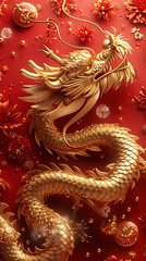  Red background, pure gold Chinese dragon occupying a corner of the picture.