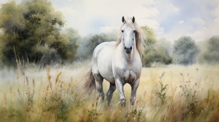 A white horse grazing in a field