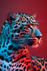 Portrait of a leopard with a vivid red and blue lighting, highlighting its detailed fur pattern and intense gaze