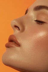 close up of a woman's face with light makeup, lipstick and glowing skin