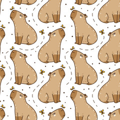 Seamless pattern with cute сartoon capybaras with butterflies - funny animal background for Your textile and wrapping paper desig