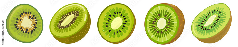 Wall mural flat vector illustration of pieces of kiwi from different angles isolated on transparent background - Wall murals