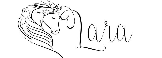 Lara - black color - name written - vector graphics with stylized horse with heart - for websites, greetings, banners, cards,, t-shirt, sweatshirt, prints, cricut, silhouette,  © roberta