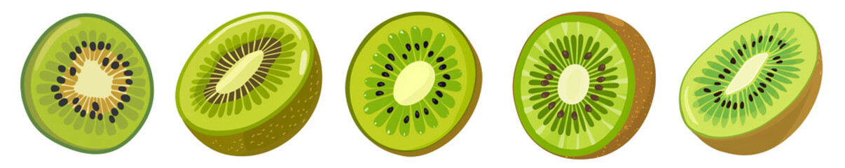 Flat vector illustration of pieces of kiwi from different angles isolated on transparent background - obrazy, fototapety, plakaty