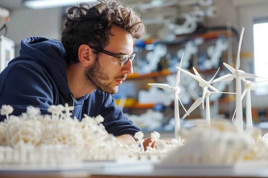 Engineer Collaborating on Eco-Friendly Turbine Design. Engineer engages in the design and development of turbine models, address the innovation in sustainable technology.