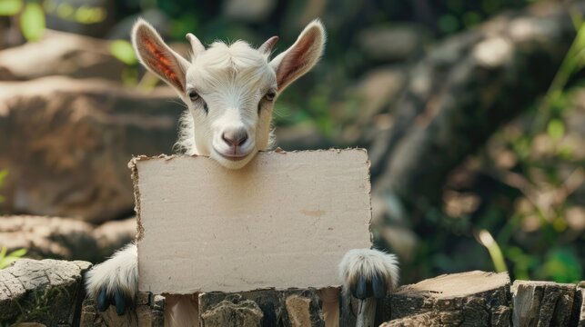 Cute lamb holding empty brown cardboard paper board in field. AI generated image