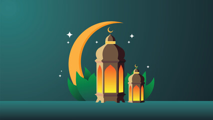 Ramadan kareem flat vector illustration with clouds, mosque, lanterns, crescent moon and stars. Can be used for banners, posters, backgrounds, landing pages, greeting cards, covers, etc. - obrazy, fototapety, plakaty