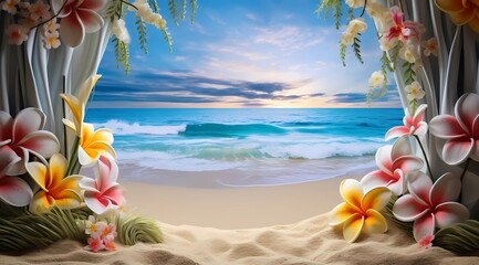 a postcard for a beach holiday, an advertising brochure of a seaside resort, summer, sun, sea, ocean