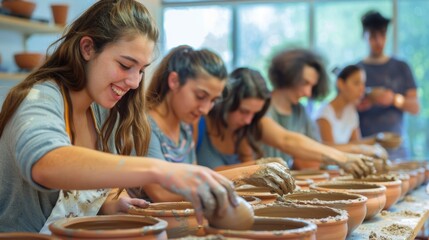Students deeply focused on shaping clay on pottery wheels in a ceramic workshop class