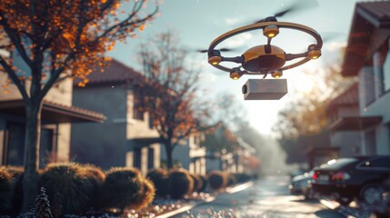 Futuristic drone delivering mail in a serene suburban neighborhood with lush greenery