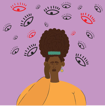 anxiety depressed sad African woman, afraid of people's looks and judgment.