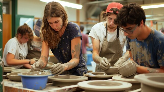 Students deeply focused on shaping clay on pottery wheels in a ceramic workshop class