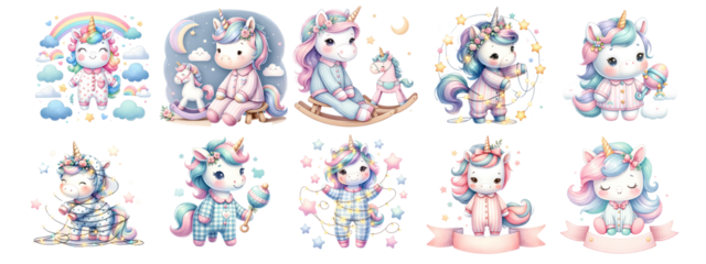 Watercolor cute unicorn on white background.