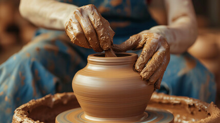 Craftsperson skillfully turning wet clay on potter's wheel.