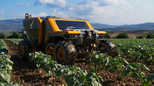 Robotic farming vehicle operating in an agricultural field, showcasing precision farming technology
