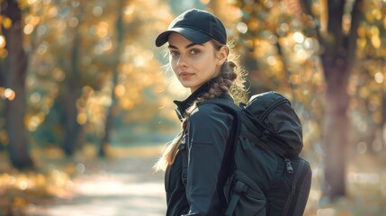 Beautiful young woman wearing sport clothes doing rucking in the park - obrazy, fototapety, plakaty
