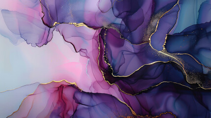 Abstract alcohol ink painting texture in purple pink tones with golden splashes