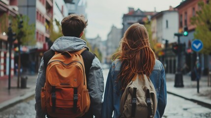 Obraz premium Back view of young couple with backpacks exploring the city