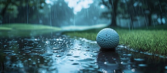 A solitary golf ball lies on the wet grass reflecting patience and delay in a rain-disturbed game - obrazy, fototapety, plakaty