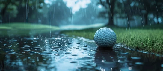 Fotobehang A solitary golf ball lies on the wet grass reflecting patience and delay in a rain-disturbed game © Vladan