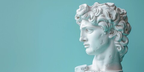 Classical White Marble Bust Of A Man With Elaborate Hairstyle. Antique Sculpture On Soft Teal Minimalist Background. Ancient Greece and Roman Empire. AI Generated