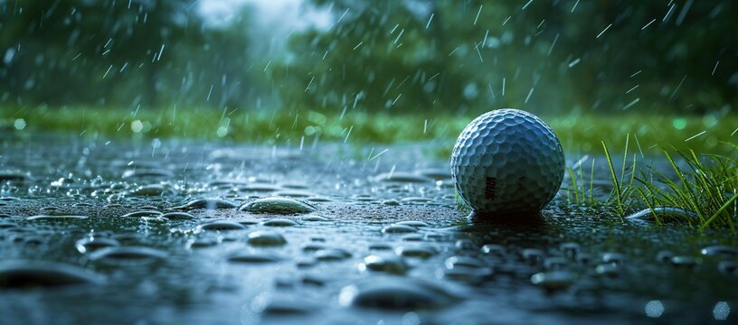 Close-up of a golf ball on a rainy day, lying on a wet surface with raindrops and bright green grass