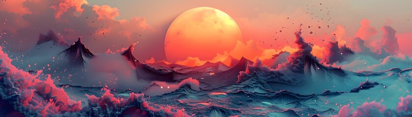 Surreal Seascape with Giant Sun and Fiery Clouds