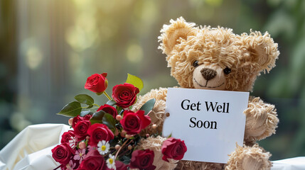 Teddy bear with the word get well soon along with red rose bouquet with garden on background