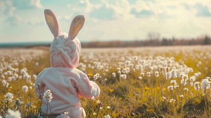 A child wearing a cute bunny costume in a meadow outdoor. AI generated image