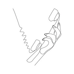 Obraz premium Continuous single line sketch drawing of hand holding old telephone receiver. One line of phone telecommunication vector illustration 