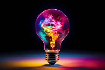 A colorful isolated light bulb lit with a glowing filament with a sense of movement on dark background.