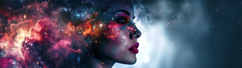 A stunning fantasy abstract portrait featuring a beautiful woman with a double exposure effect, seamlessly blended with a colorful digital paint splash or the ethereal beauty of a space nebula.