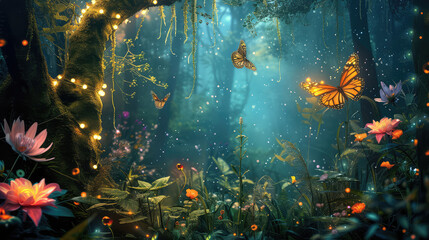 Fototapeta premium Fairy forest at night, fantasy glowing flowers, butterfly and lights.