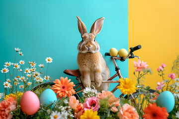 Easter bunny with colored eggs and flowers, rides a bicycle against a vibrant yellow-blue background