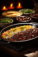 A big pan filled with a mixture of beans and rice, creating a hearty and nutritious meal
