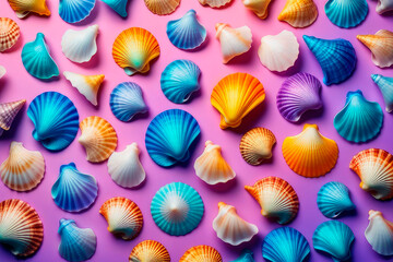Colorful seashell in neon light on soft pastel colors backdrop.