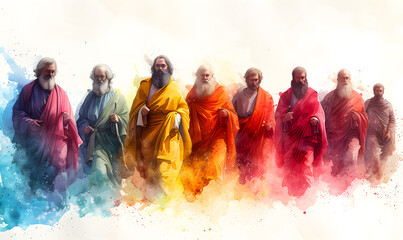 Colorful figures walking in a line in a watercolor painting. Artistic representation and abstract people concept, The twelve chosen, disciples. Biblical. Christian religious
